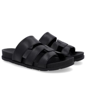 Slide Baixo Couro Preto Tiras