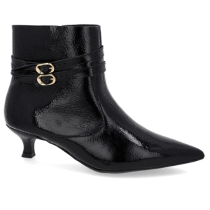 Bota Bico Fino Salto Kitten Preta Verniz Tiras