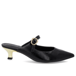 Mule Preta Verniz Salto Kitten Tira