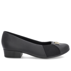 Scarpin Preto Couro Bico Redondo Tecido Lateral