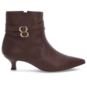 Bota Bico Fino Salto Kitten Marrom Couro Tiras
