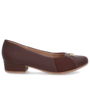 Scarpin Marrom Couro Bico Redondo Tecido Lateral