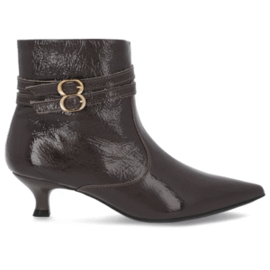 Bota Bico Fino Salto Kitten Marrom Verniz Tiras