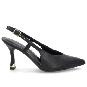 Slingback Preto Tira Lateral Couro Liso